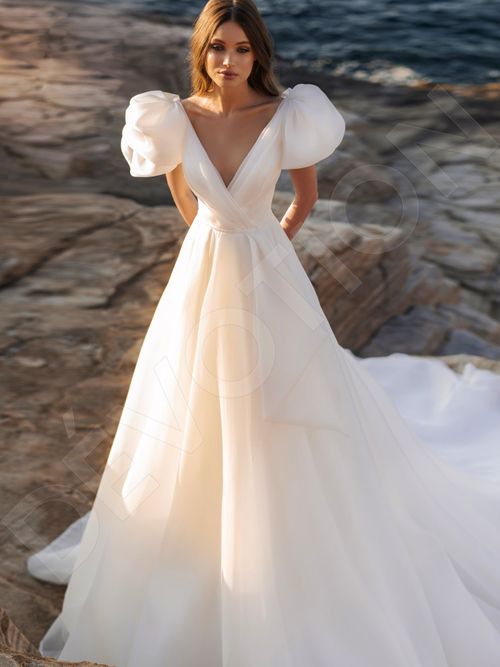 textured organza wedding dress Lotus Organza Feather Flowers Ruffled A-line Wedding Dress Light Ivory