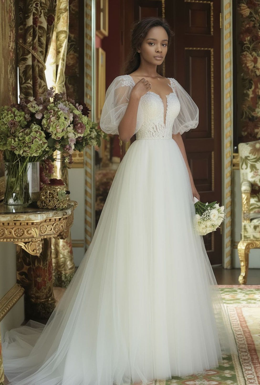 blue dress for baby girl A-Line Sheer Long Sleeves Illusion Pearl Bodice Wedding Dress EU32 main image 0