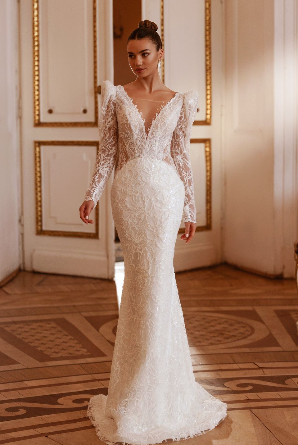 illusion neckline mermaid wedding dress Sparkly Beaded Illusion Plunging Neck Mermaid Wedding Dress