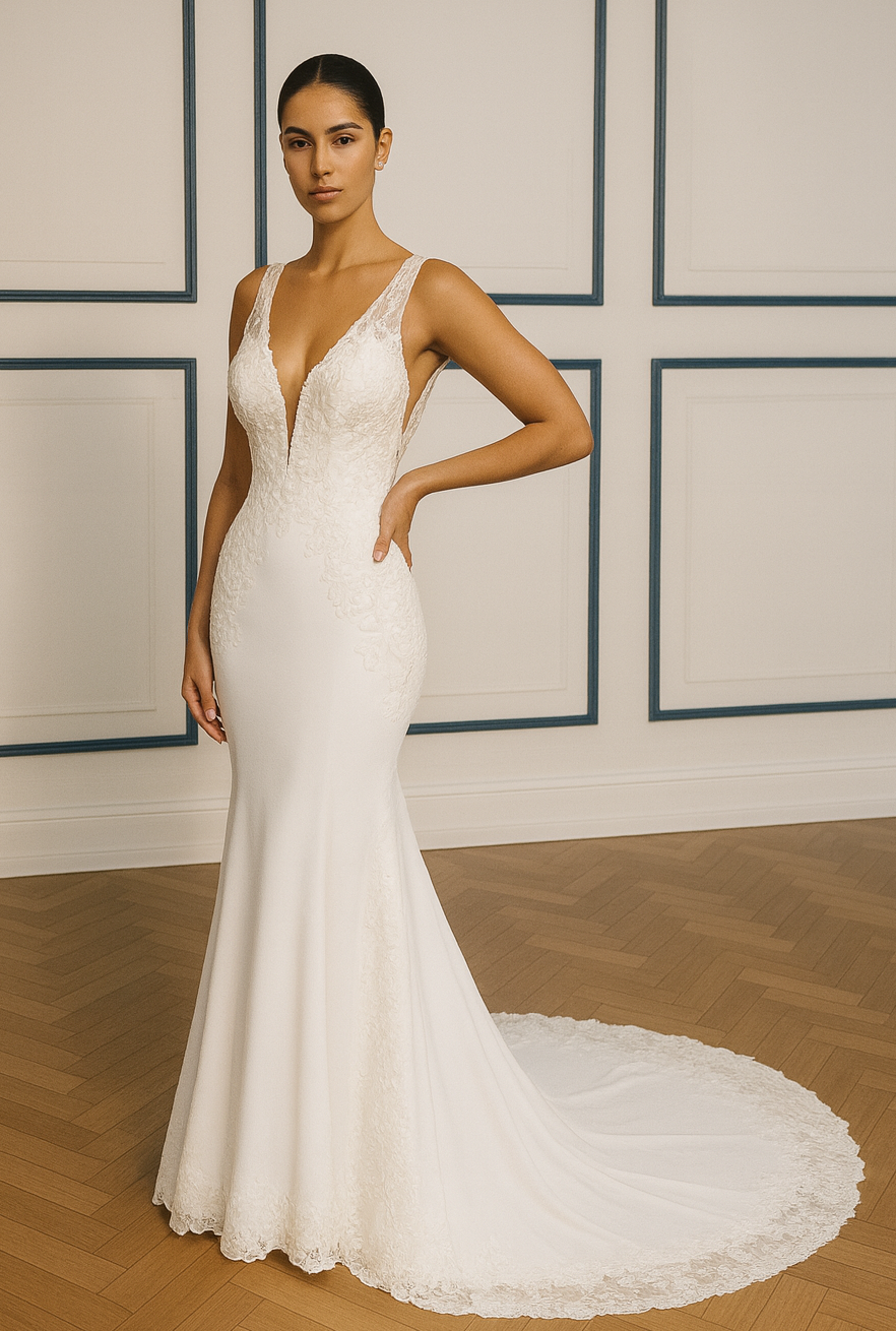 chinese dress ladies Mermaid/Trumpet Deep V-Neck Lace Boho Wedding Dress Bridal Gown US6 / As Picture main image 1
